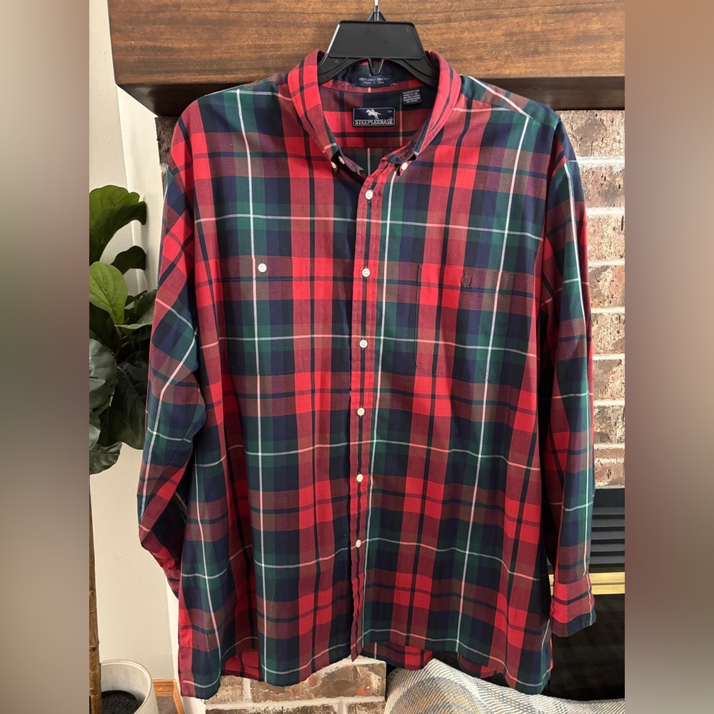 Vintage Steeplechase Mens Button Shirt Red Green Plaid 2XL Long Sleeve